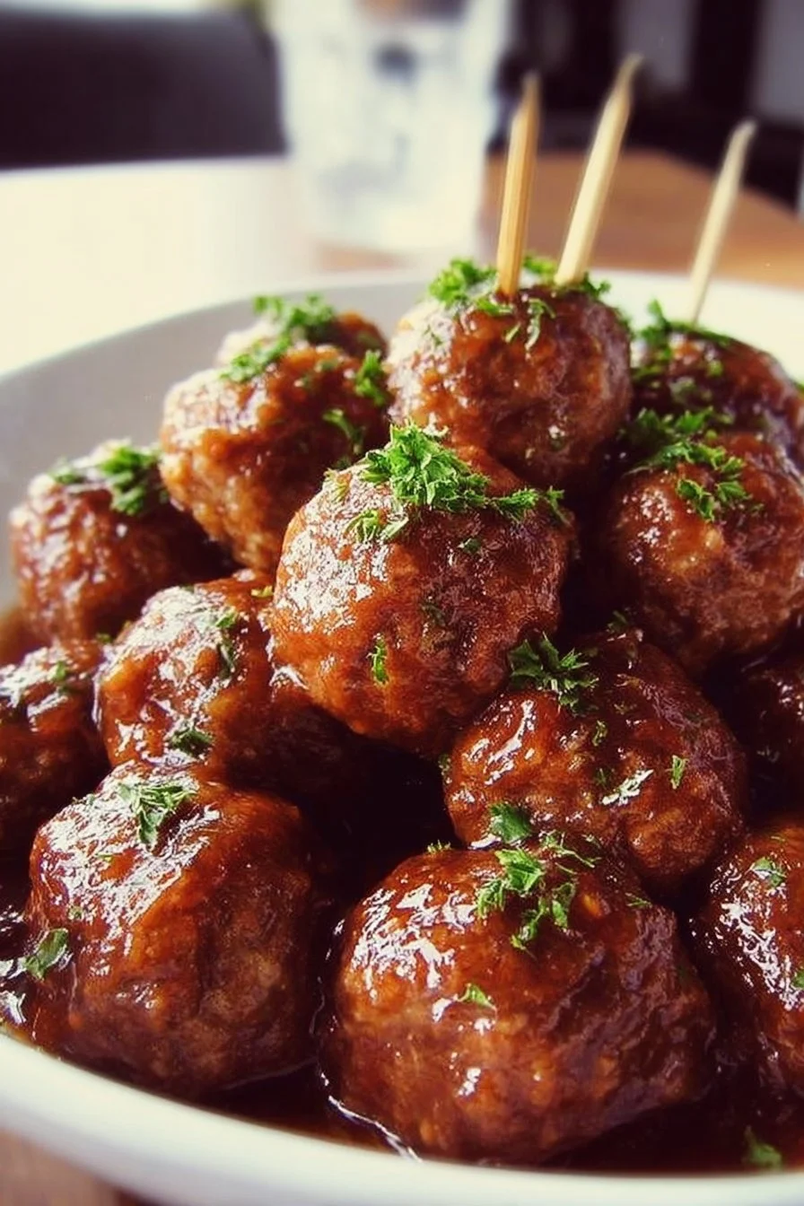 Delicious crockpot cocktail meatballs served as a party appetizer