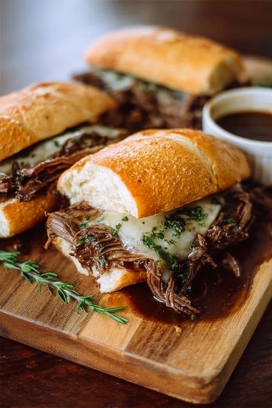 Slow-cooked Crockpot French dip sandwiches served with au jus.