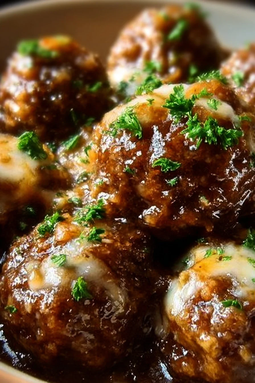 Crockpot French Onion Meatballs cooked in a savory sauce