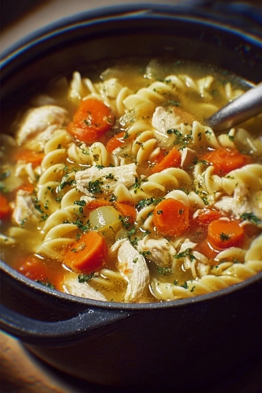 Delicious Dutch Oven Chicken Noodle Soup in a rustic bowl on a wooden table