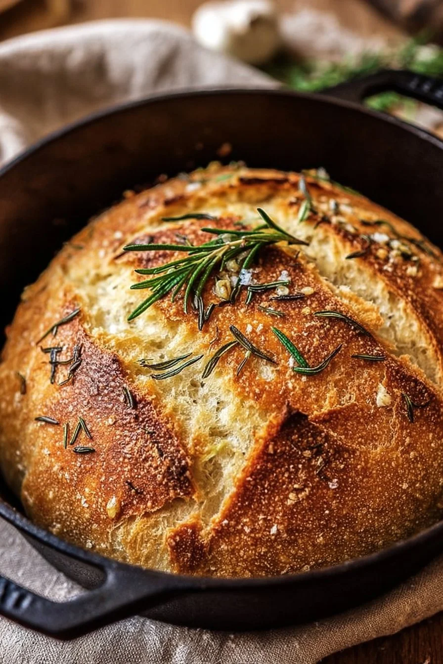 Freshly baked Dutch Oven Garlic Rosemary Bread with herbs