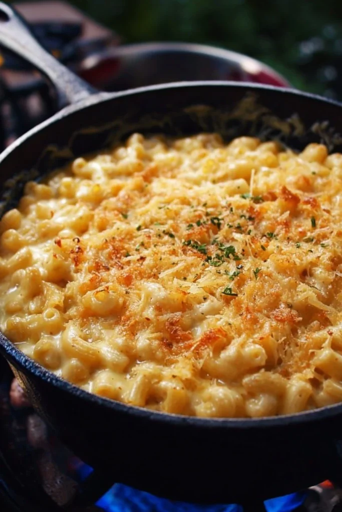 Creamy Dutch Oven Mac and Cheese served in a cast iron pot