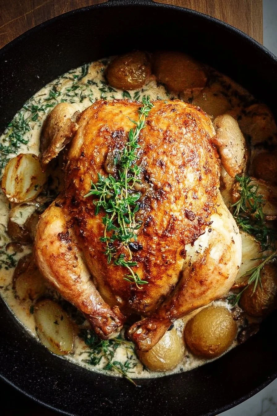 Juicy Dutch Oven Roast Chicken garnished with herbs and spices
