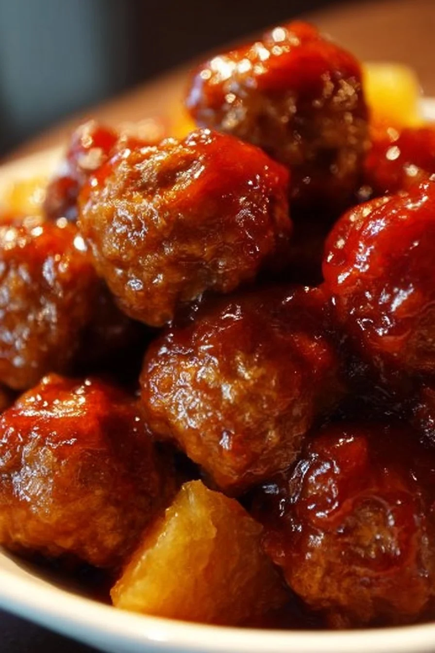 Easy Crockpot Pineapple BBQ Meatballs served with a side dish