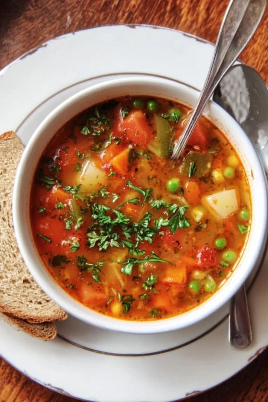 Bowl of easy vegetable soup with colorful vegetables