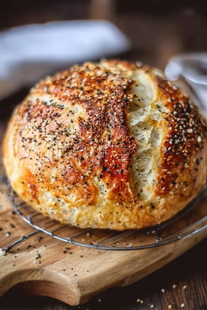 Freshly baked everything bagel no-knead bread with toppings