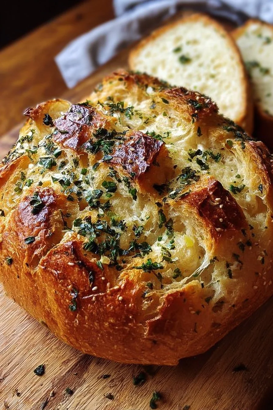 Freshly baked Garlic Herb Dutch Oven Bread in a rustic setting.