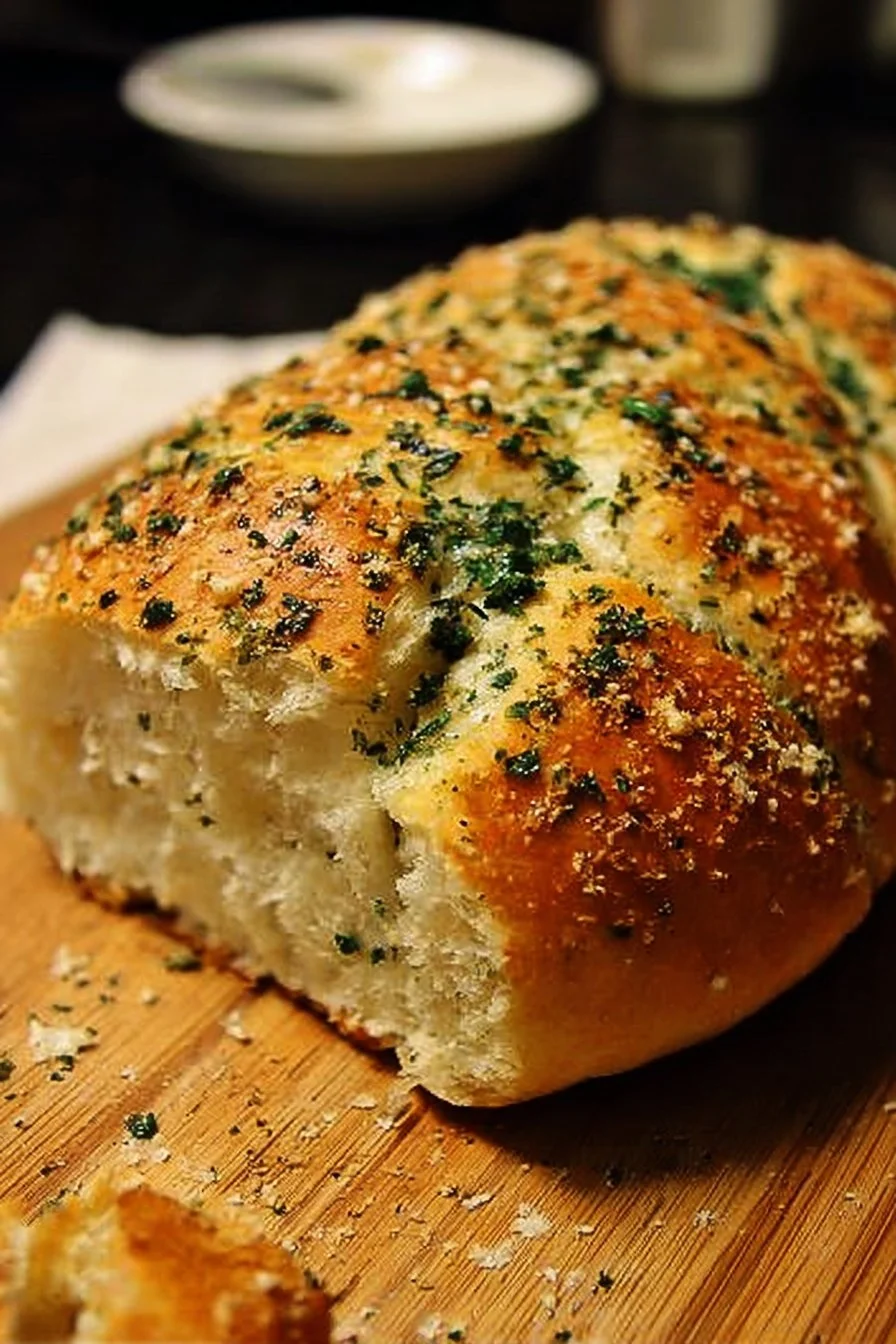 Loaf of garlic parmesan herb bread with herbs and cheese topping