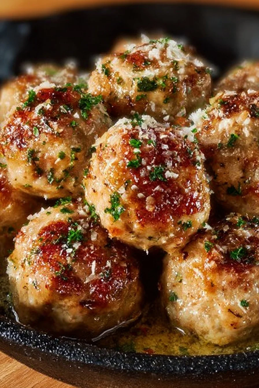 Delicious Garlic Parmesan Meatballs on a plate, garnished with parsley.