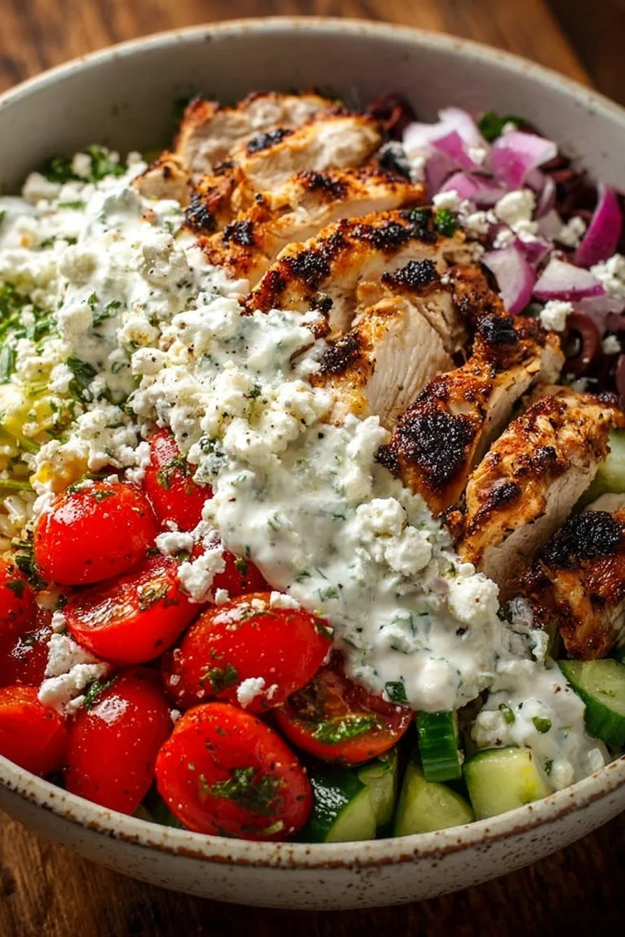 Delicious Greek Chicken Bowl topped with fresh vegetables and feta cheese