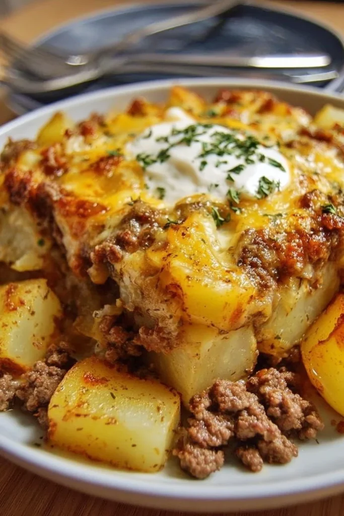 Delicious ground beef and potatoes casserole served in a baking dish.