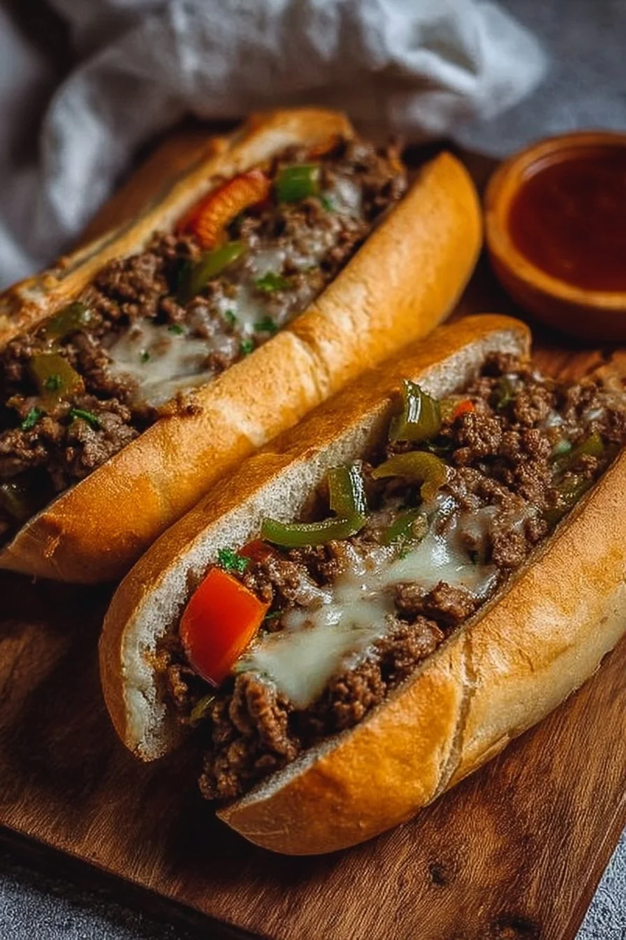 Delicious Ground Beef Philly Cheesesteaks served in a toasted roll with melted cheese