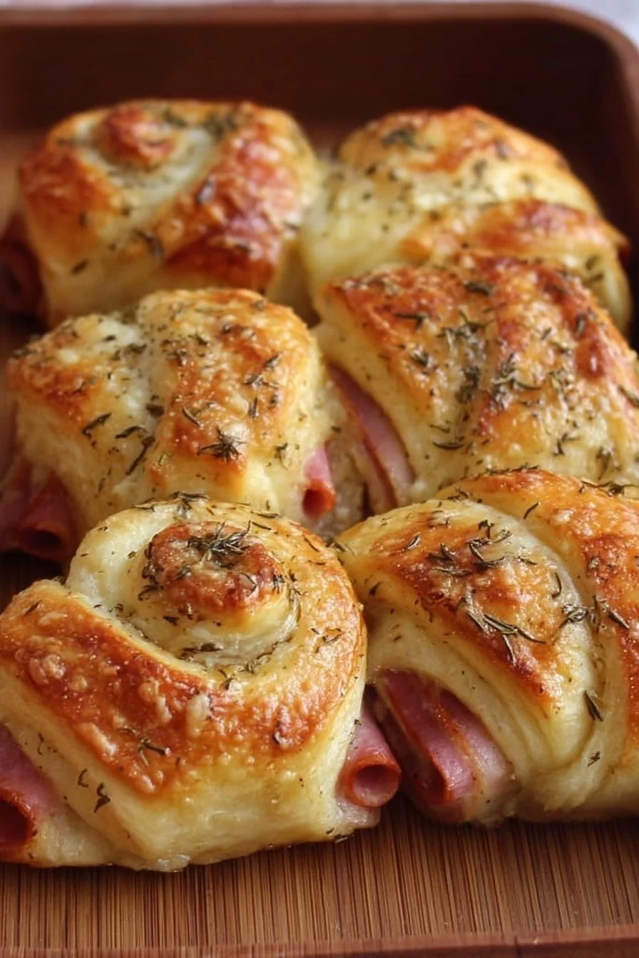 Freshly baked ham and cheese crescent rolls on a plate