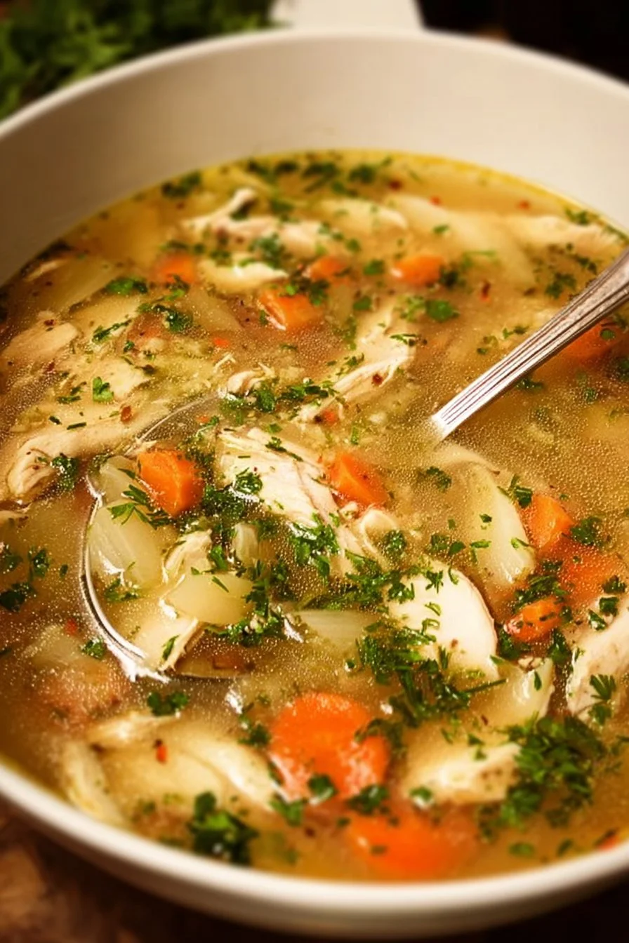 Bowl of homemade chicken soup with vegetables and herbs, steaming hot