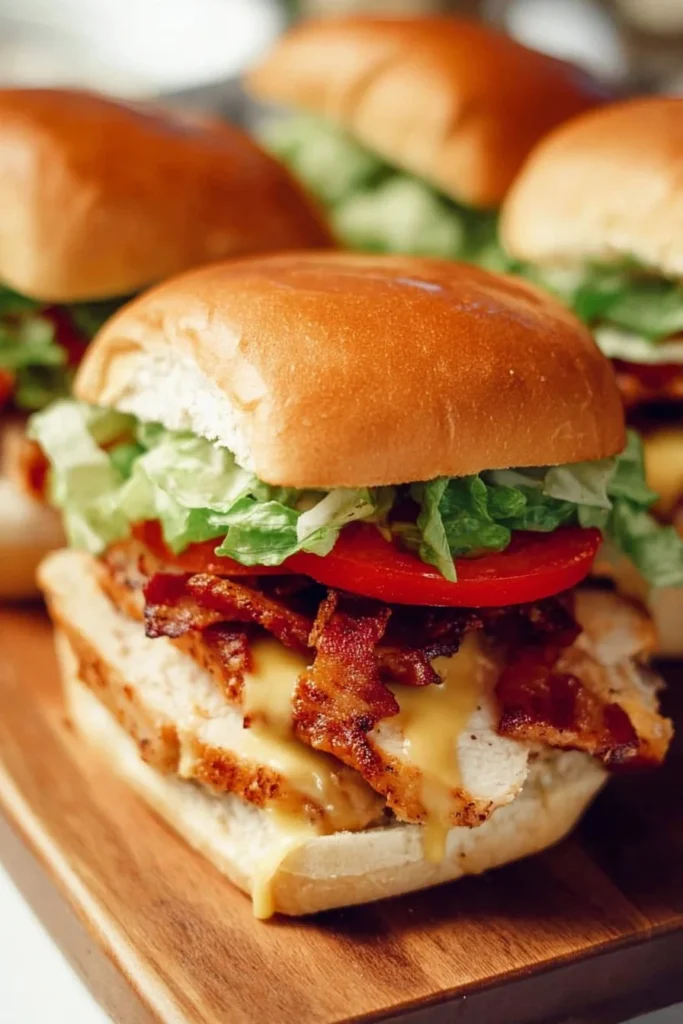 Honey Mustard BLT Chicken Sliders served on a wooden platter with fresh ingredients