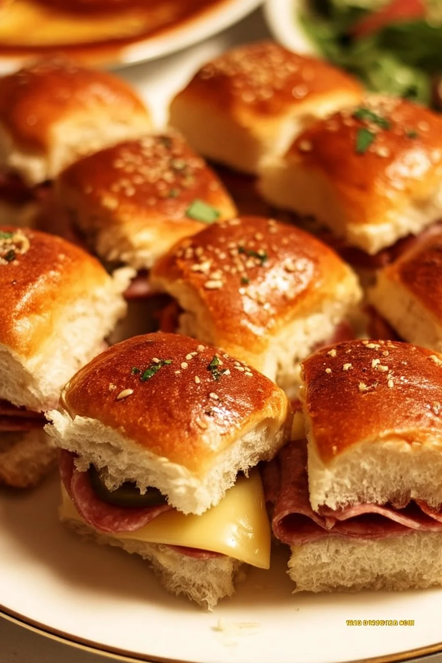 Delicious hot Italian sub sliders with savory ingredients stacked between soft bread.