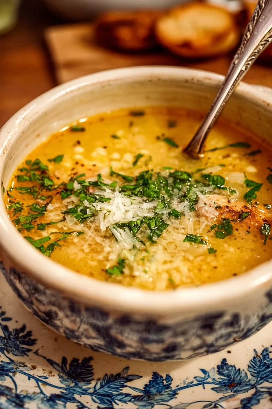 Bowl of Italian Penicillin Soup with fresh herbs and vegetables