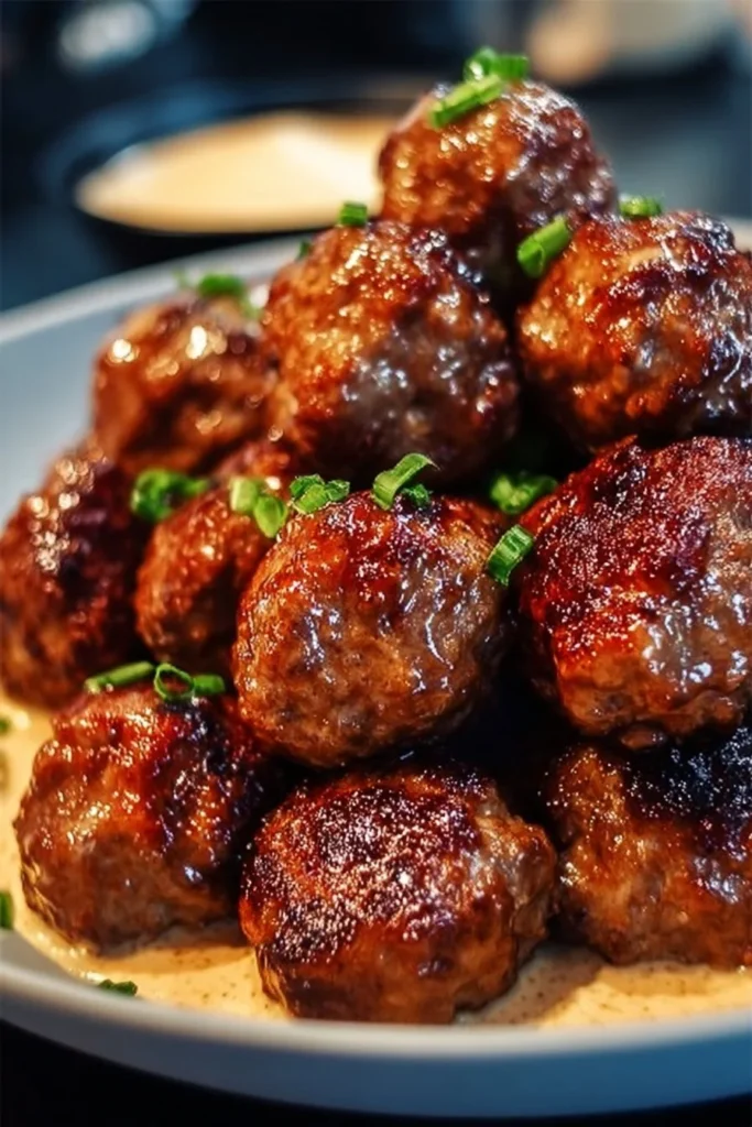 Delicious Korean BBQ meatballs served with dipping sauce and garnished with green onions.