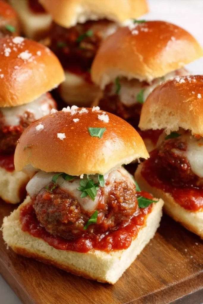 Delicious meatball marinara sliders served on a platter.