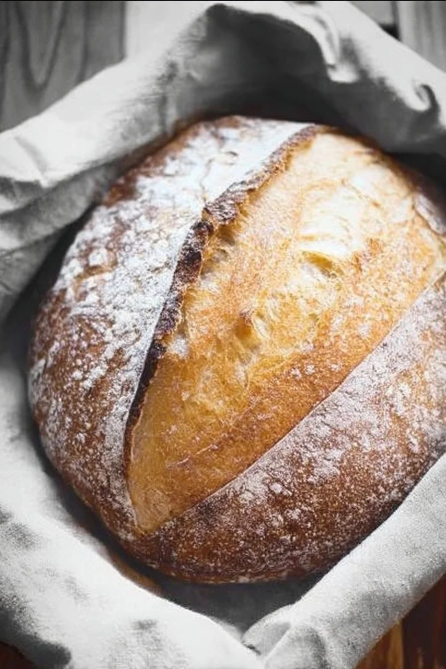 Freshly baked no-fail sourdough bread on a wooden cutting board.