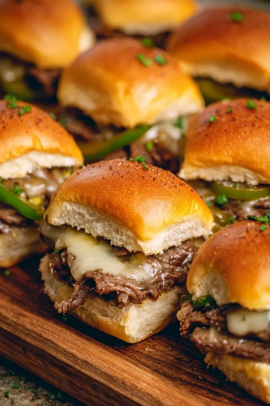 Philly Cheesesteak Sliders topped with cheese and peppers on a plate