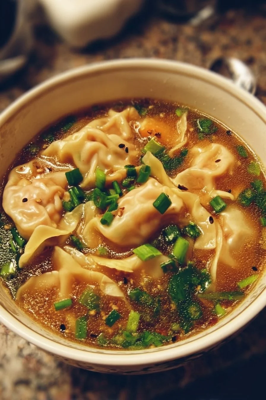 Hot bowl of potsticker soup with dumplings and herbs