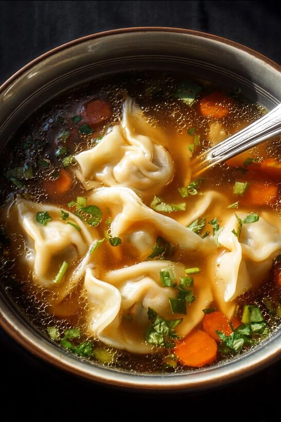 A bowl of homemade Potsticker Soup with dumplings and vegetables