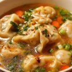 A bowl of flavorful Potsticker Soup featuring dumplings and broth