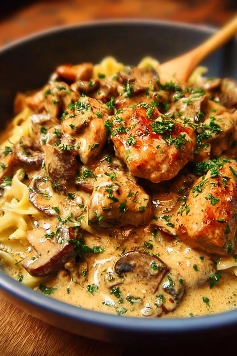 A creamy bowl of rich chicken stroganoff served with noodles.