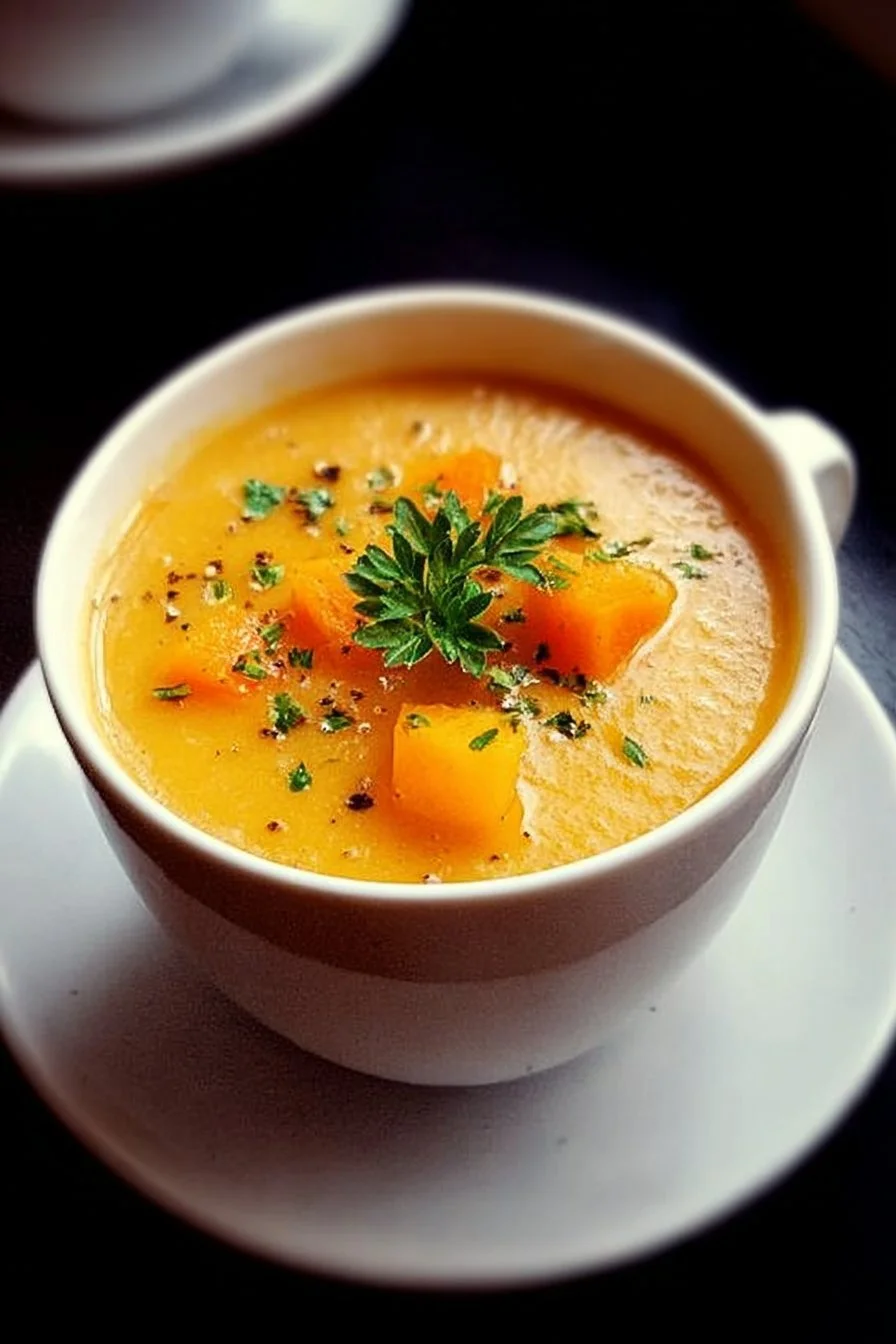 Bowl of roasted vegetable soup garnished with fresh herbs