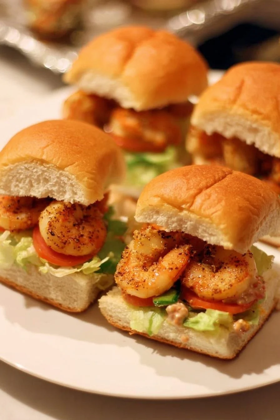 Shrimp Po' Boy sliders with crispy shrimp and fresh toppings in a soft bun