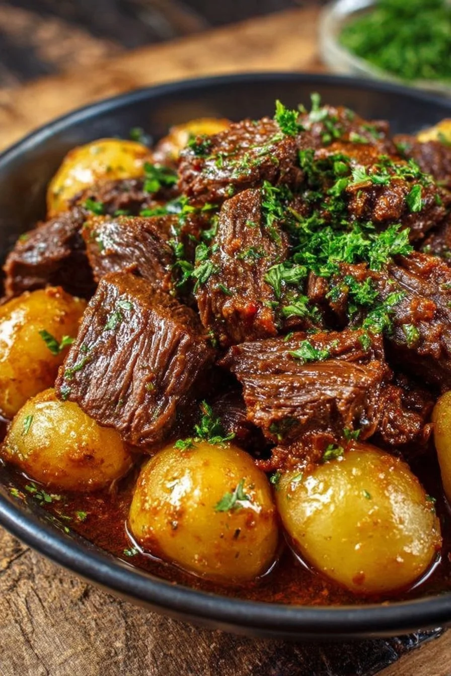 Slow cooker garlic butter beef served with potatoes