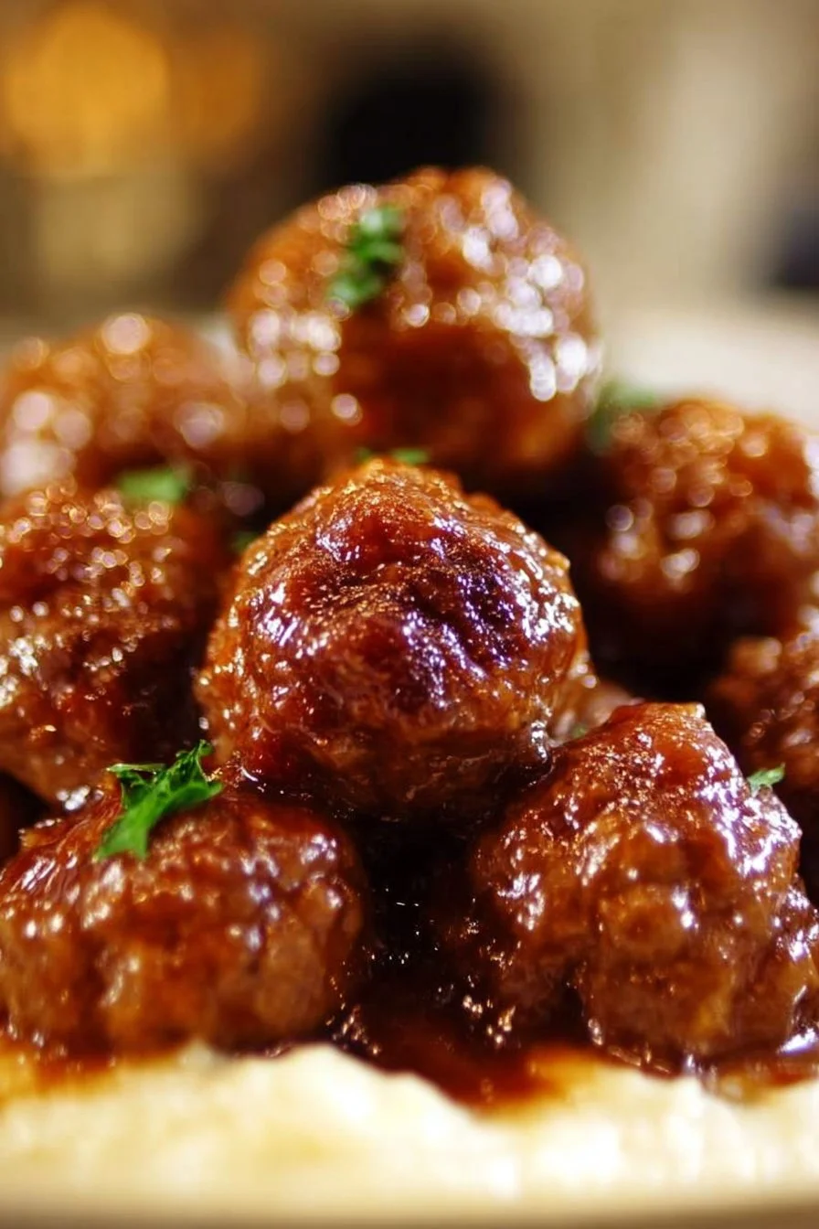 Delicious Slow Cooker Honey Bourbon Meatballs served as an appetizer