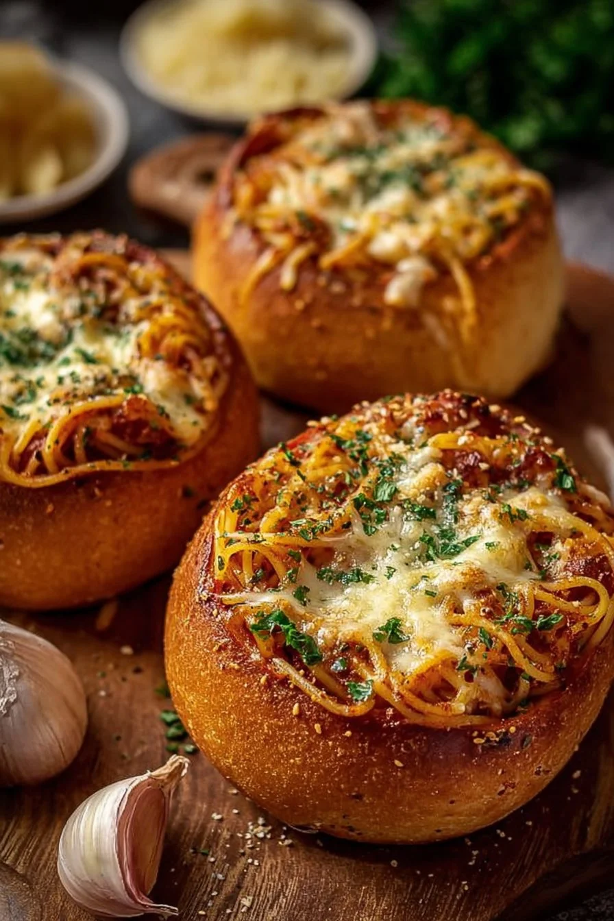 Spaghetti garlic bread bowls filled with pasta and topped with garlic flavor