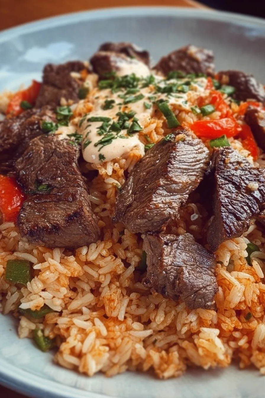 Delicious Steak & Cheese Rice served in a bowl with fresh ingredients