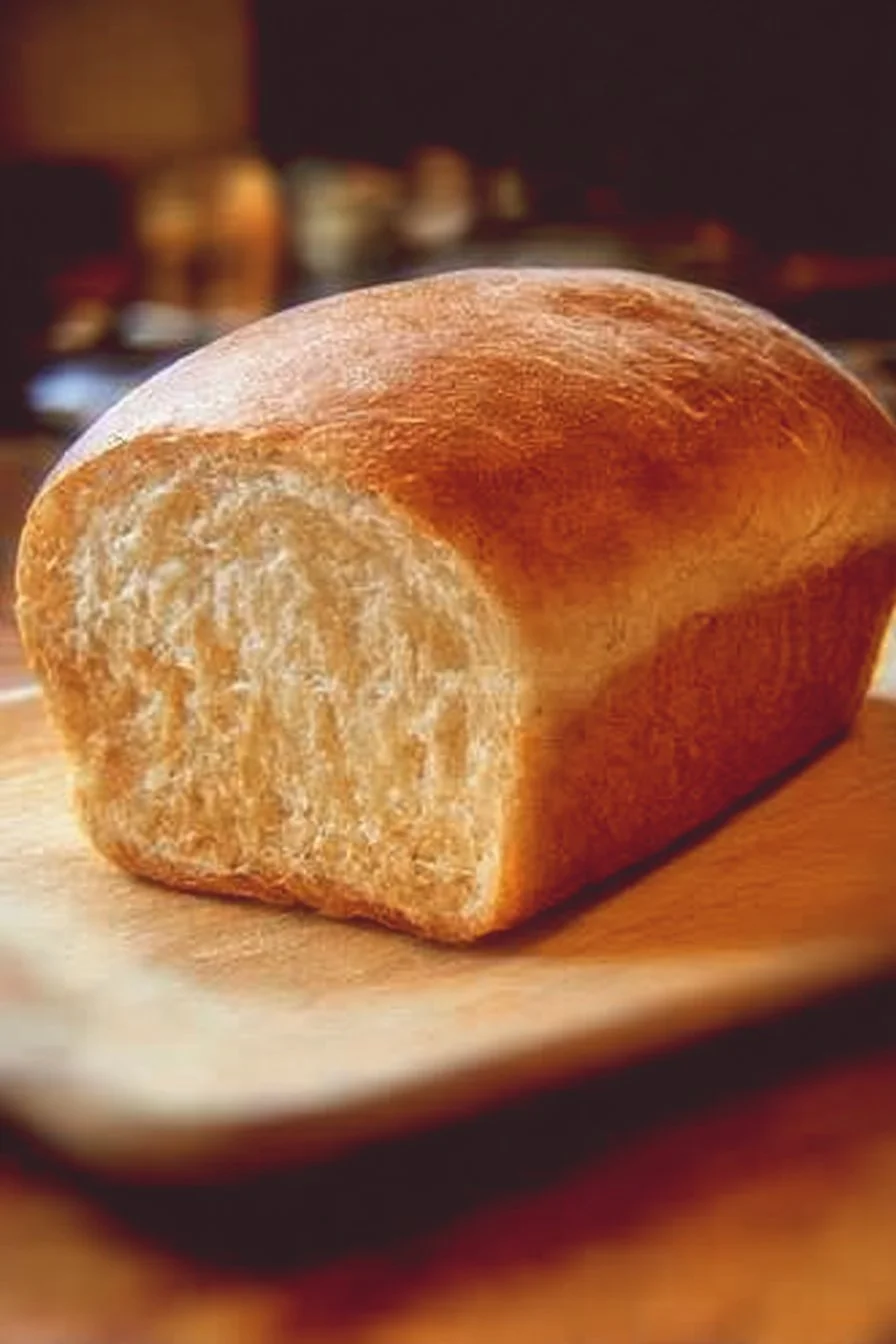 Loaf of homemade sandwich bread on a wooden cutting board