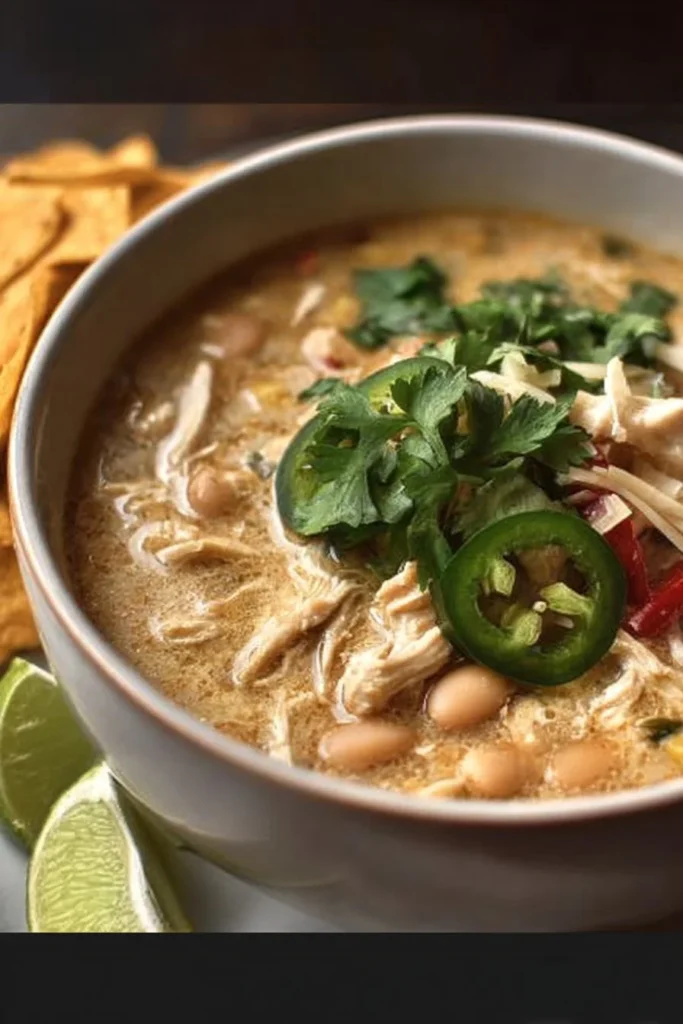 Bowl of creamy white chicken chili topped with cilantro and lime