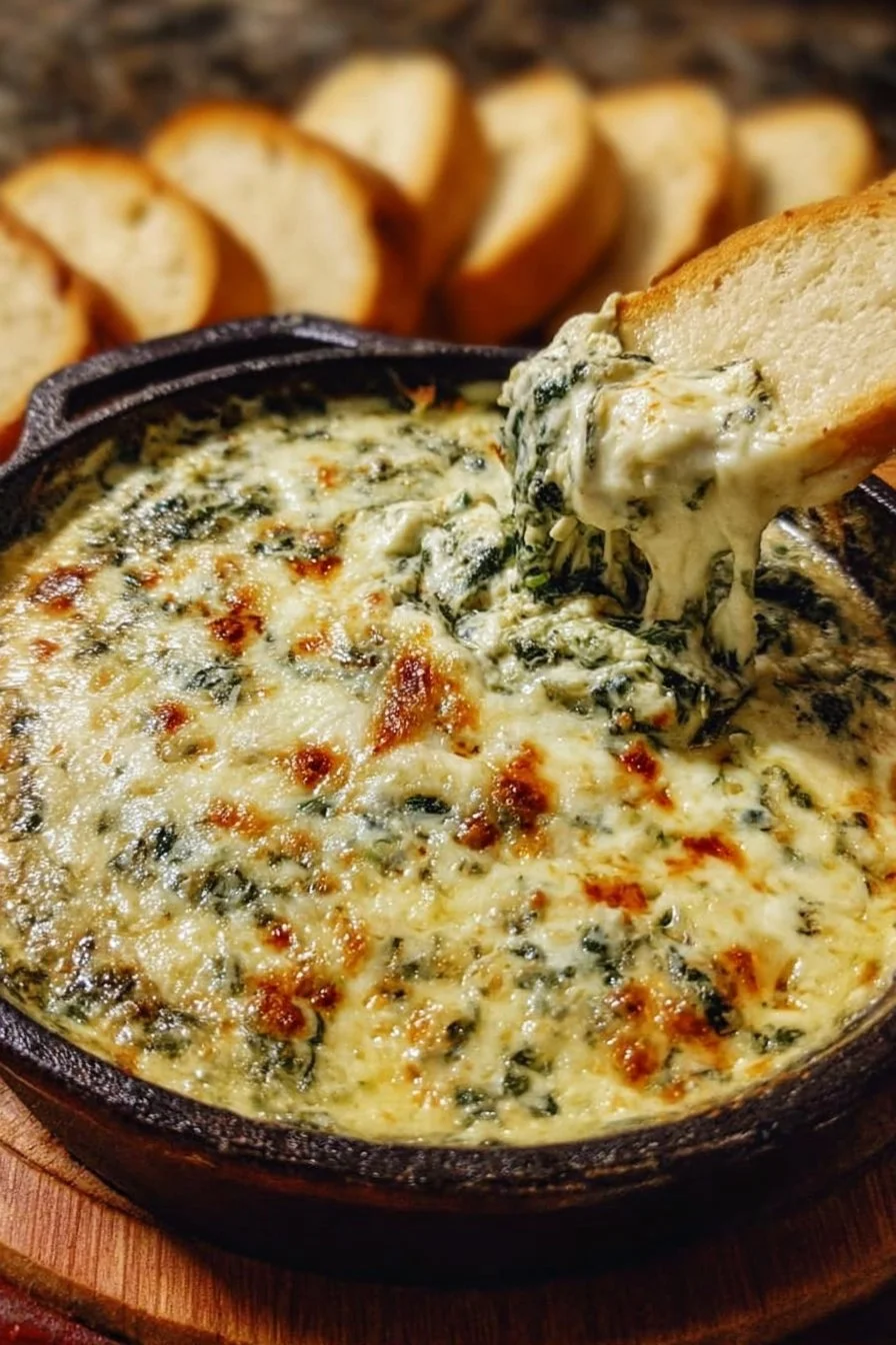 3-Cheese Spinach Dip served in a bowl with fresh herbs and tortilla chips