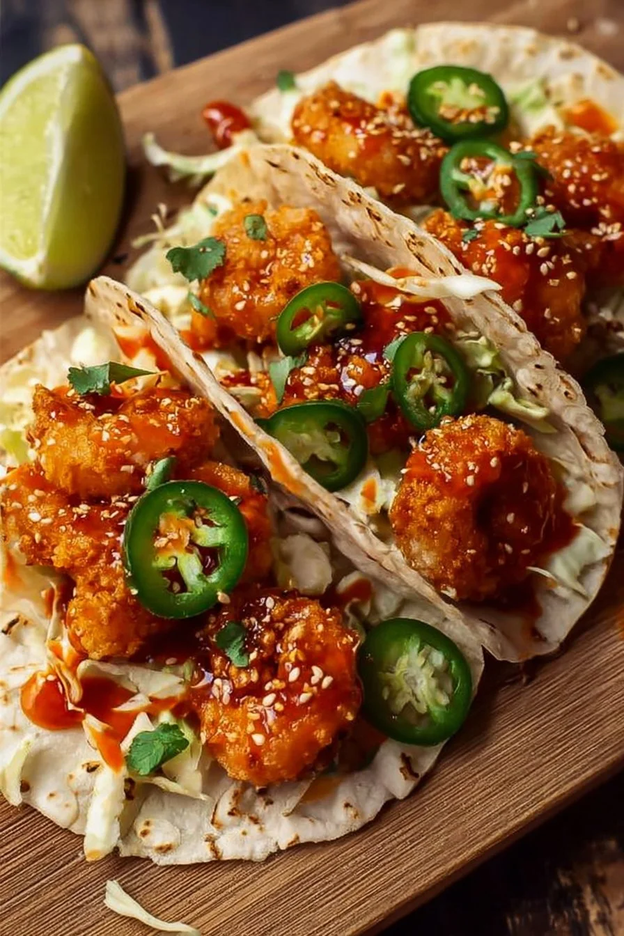 Air Fryer Bang Bang Shrimp Tacos 2 Crispy air fryer bang bang shrimp tacos with creamy sauce and fresh toppings