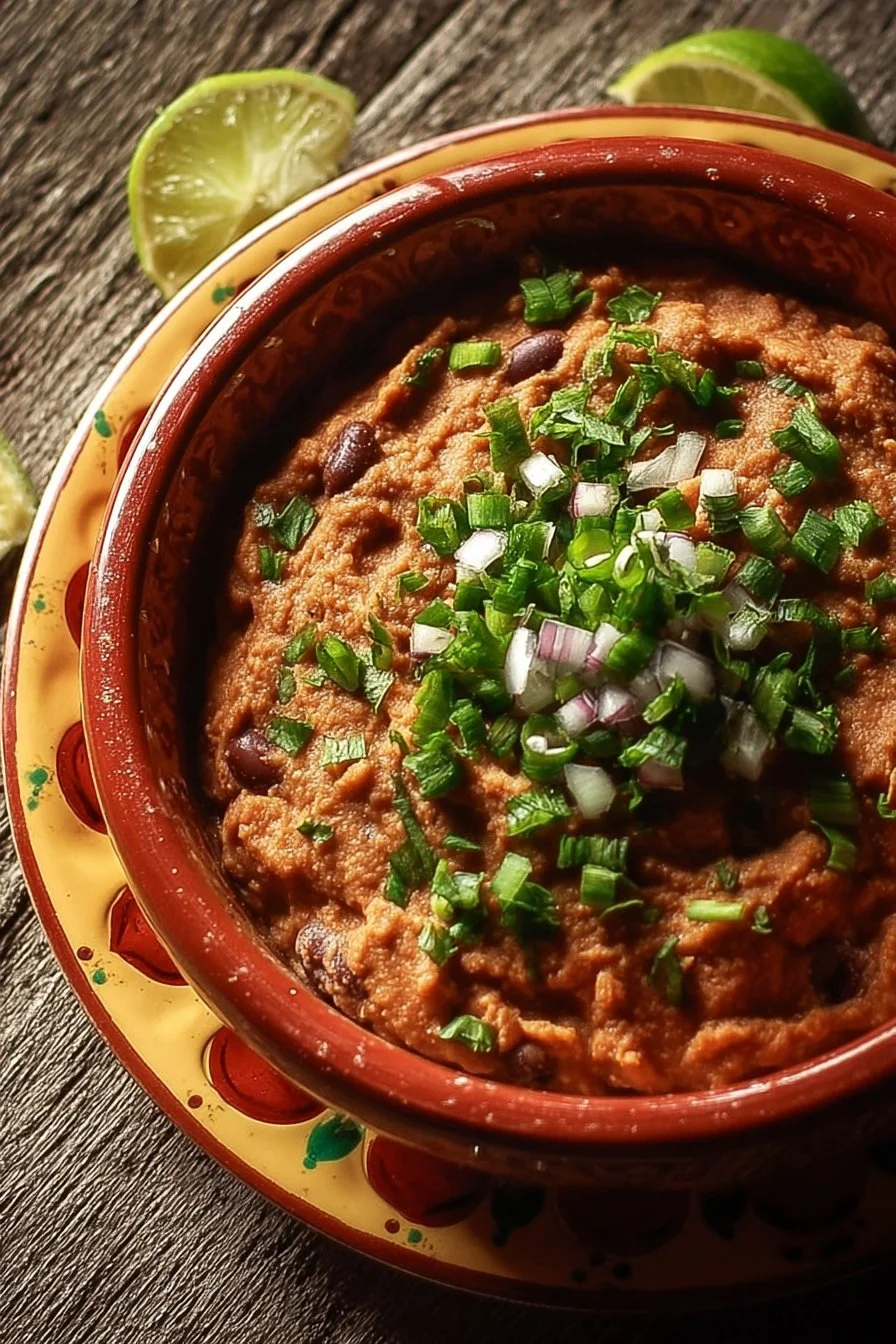 Bowl of authentic refried beans served with tortillas and garnished with cilantro