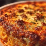 Baked Cream Cheese Spaghetti Casserole topped with cheese and herbs