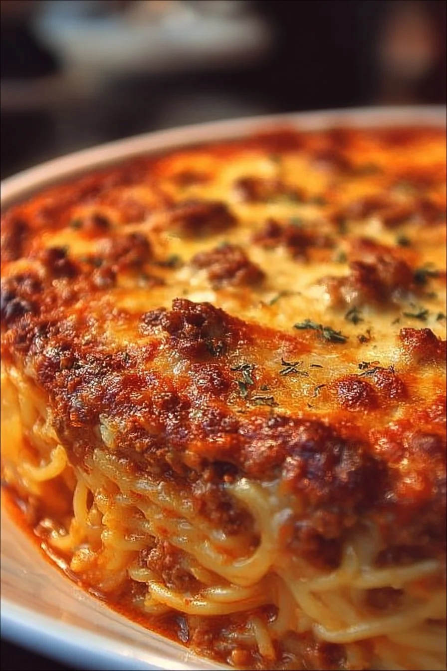 Baked Cream Cheese Spaghetti Casserole topped with cheese and herbs