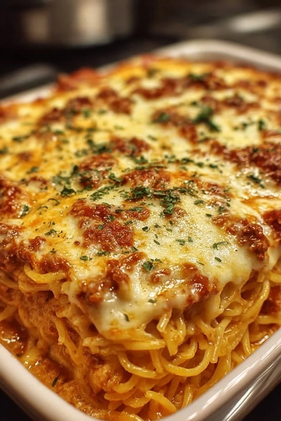Baked Cream Cheese Spaghetti Casserole topped with cheese and herbs
