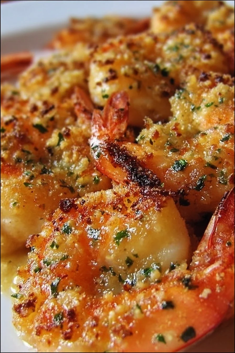 Baked garlic parmesan shrimp served on a plate garnished with herbs