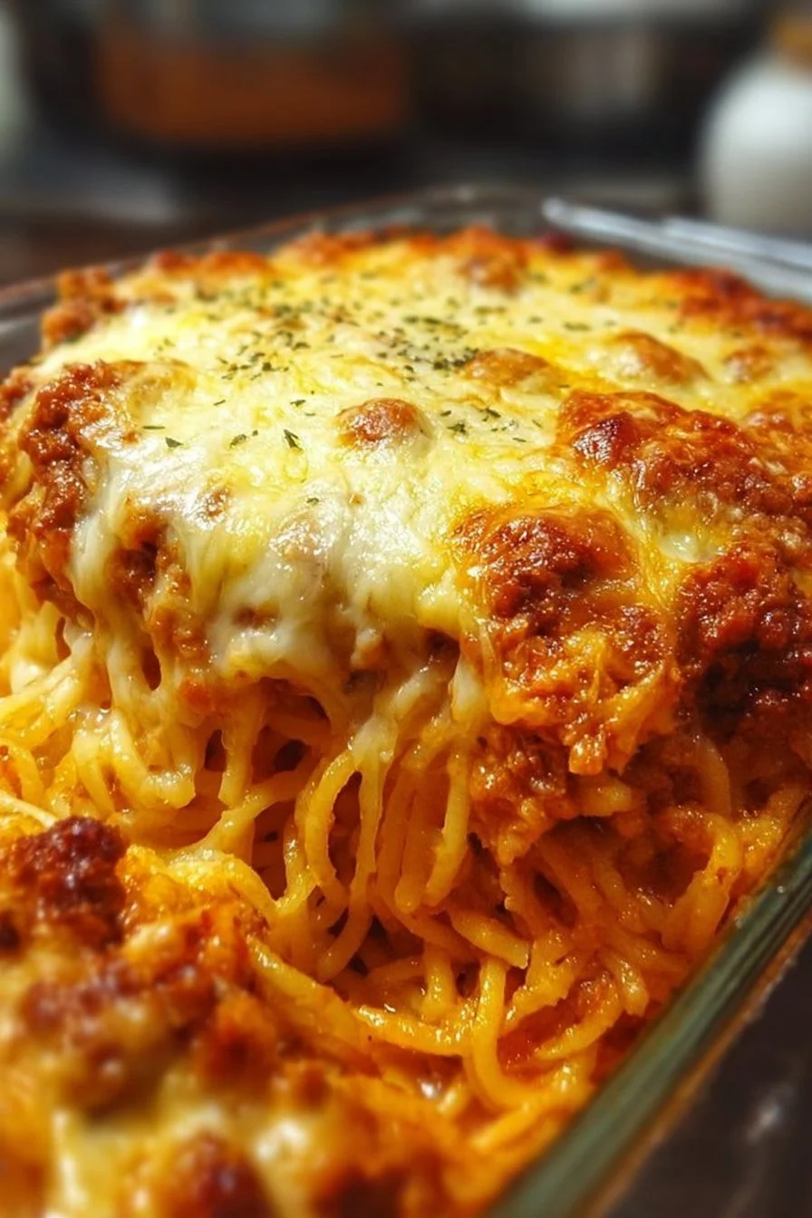 Baked spaghetti casserole topped with cheese and herbs, ready to serve.