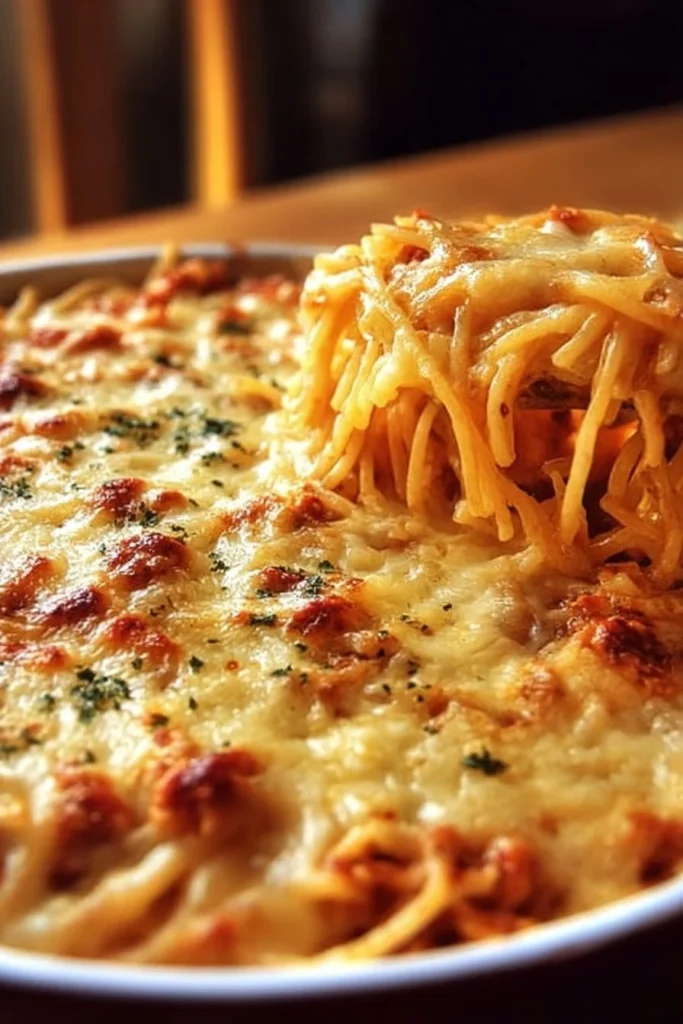 Delicious baked spaghetti casserole served in a dish with melted cheese on top.