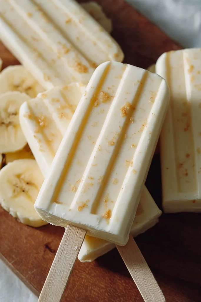 Frozen banana pudding popsicles on a wooden table