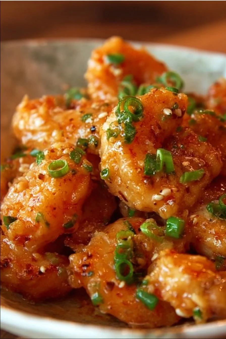 Plate of Bang Bang Shrimp garnished with green onions and sesame seeds