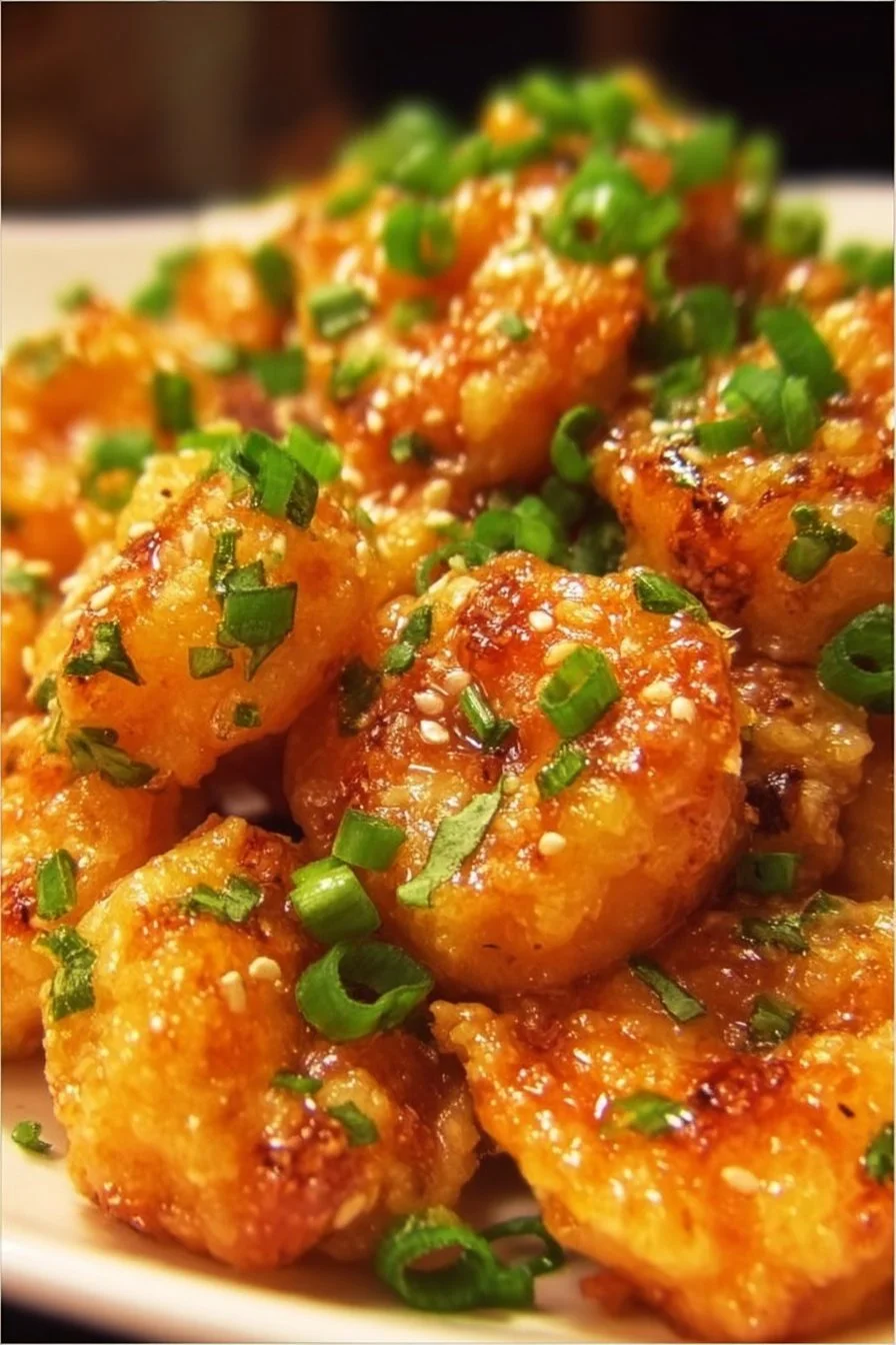 Plate of Bang Bang Shrimp served with spicy sauce and garnished with green onions