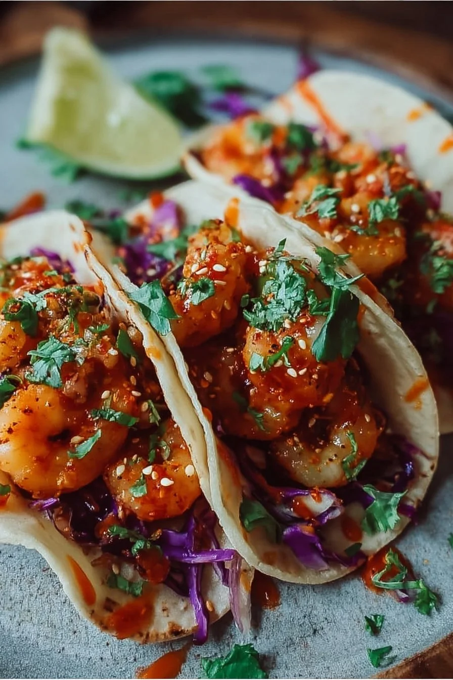 Delicious Bang Bang Shrimp Tacos topped with fresh ingredients and creamy sauce